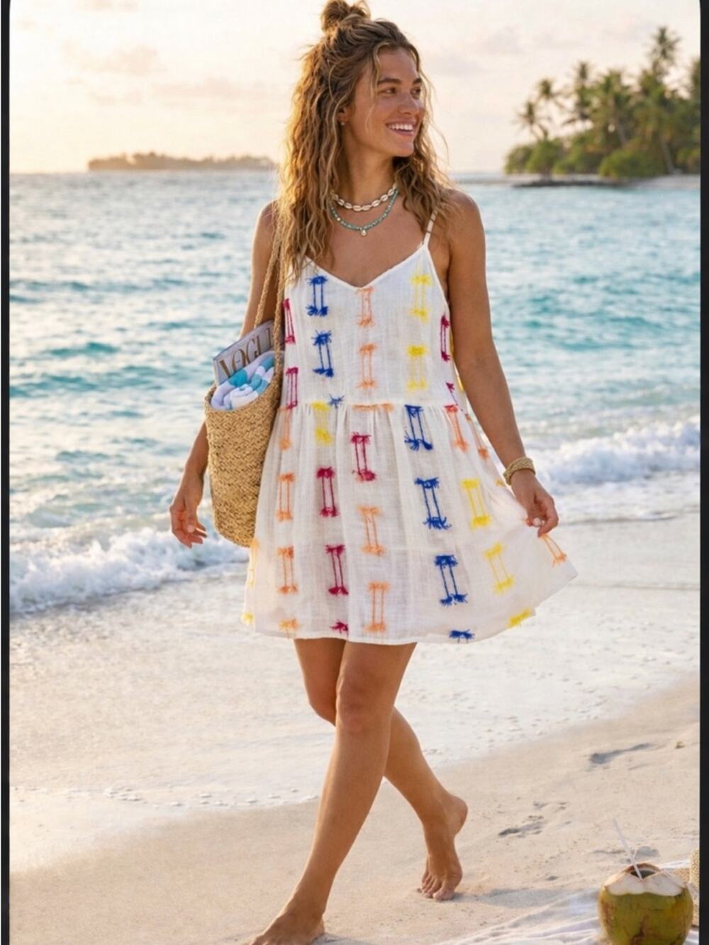 Lou & Grey LOFT Embroidered Tassel Cami Dress White Boho Medium